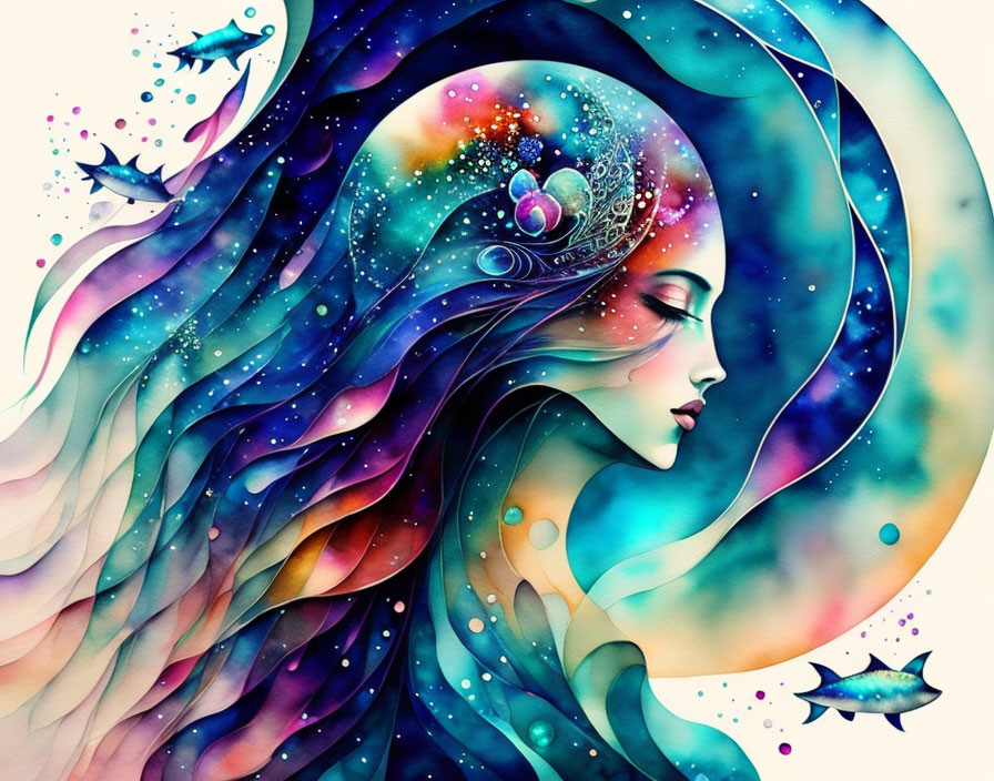 Illustration of woman with cosmic hair in space backdrop and tiara with stylized birds