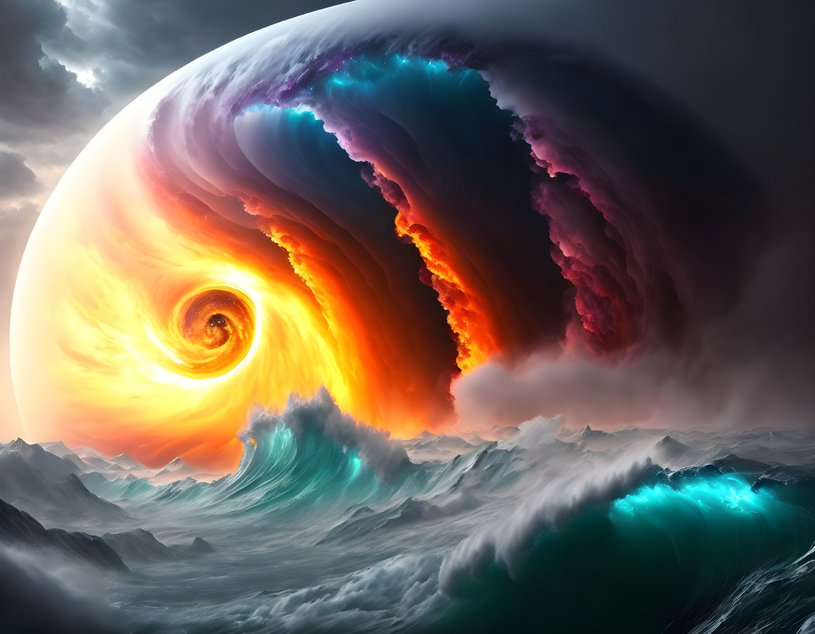 Surreal seascape with tumultuous waves and swirling vortex under dramatic sky