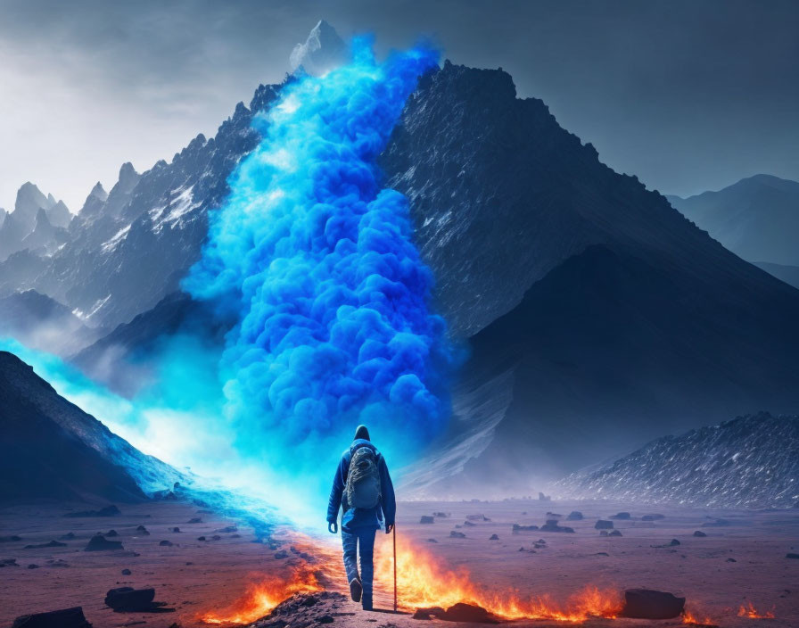 Backpacker in surreal landscape with dramatic blue smoke and rocky terrain