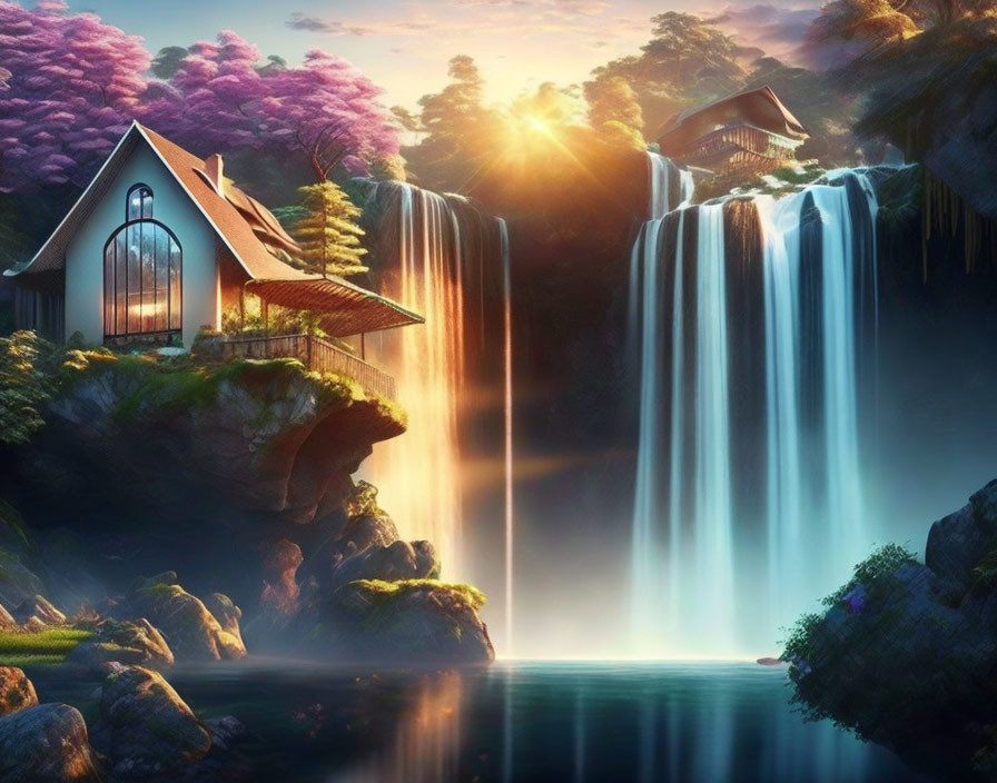 Serene landscape with sun rays, house, waterfall, and lush flora