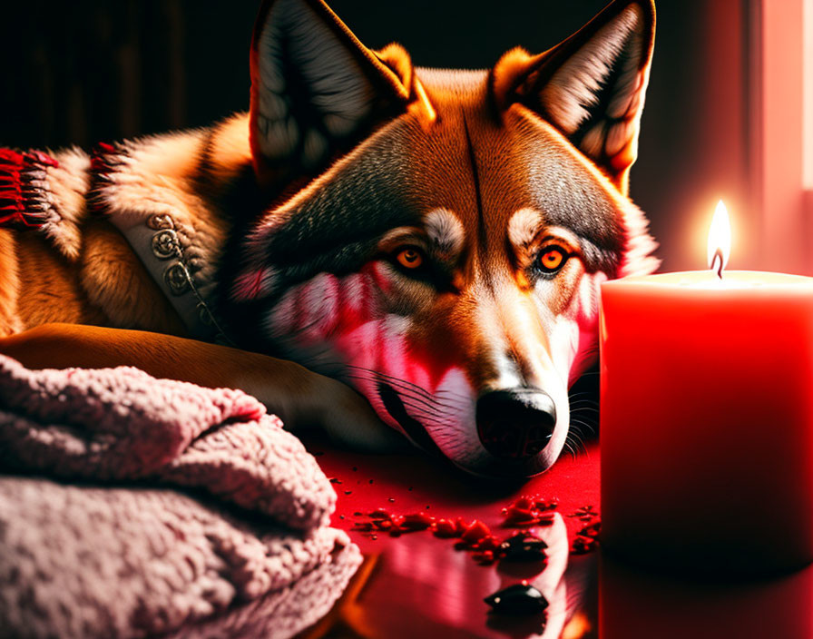 Husky resting near glowing red candle in cozy setting