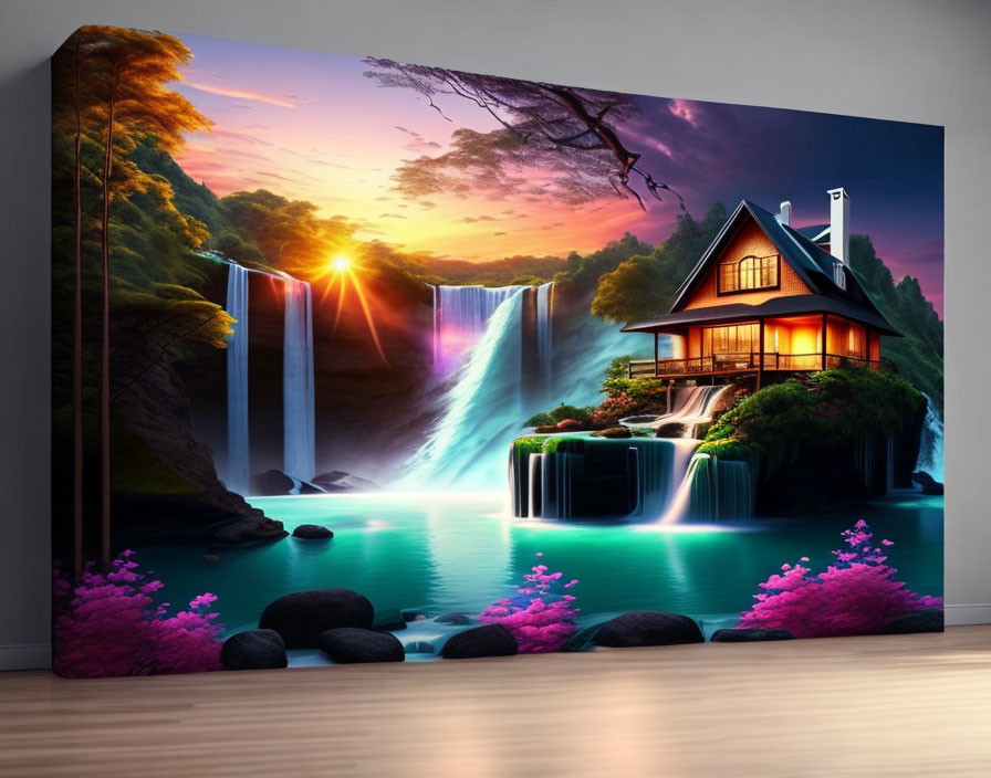 Serene landscape canvas print with cozy house, dual waterfall, sunset sky, and pink flora.