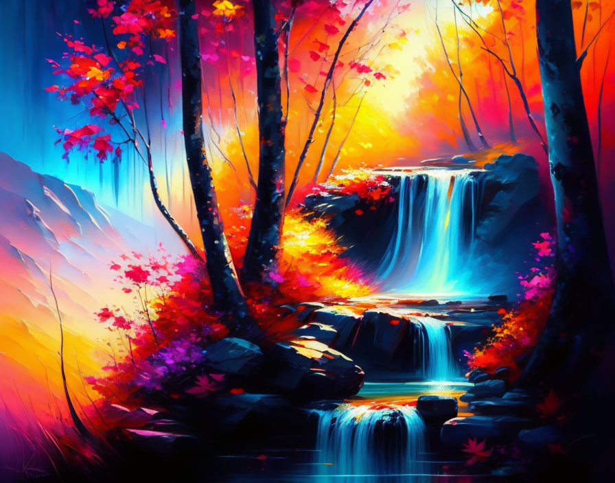 Colorful Digital Painting of Serene Waterfall in Fluorescent Forest