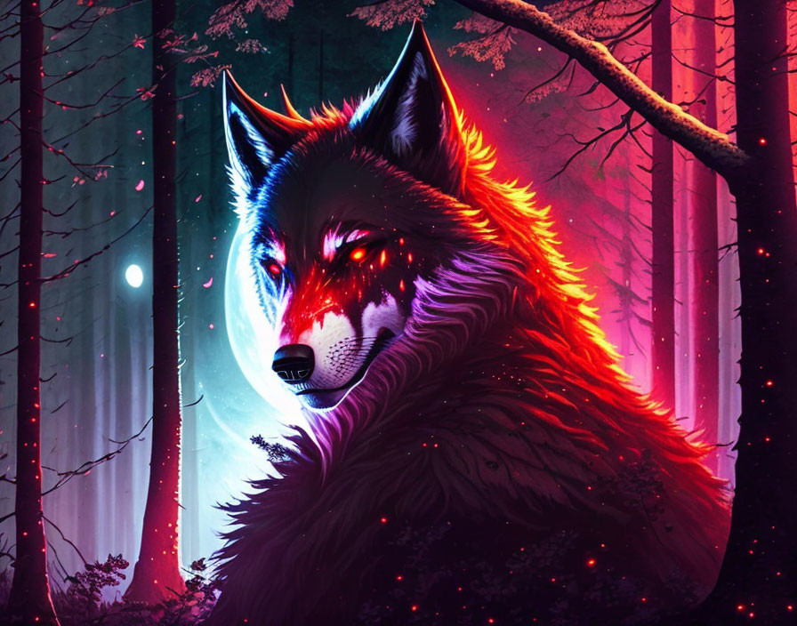 Illustration of wolf with red eyes in magical forest with pink accents