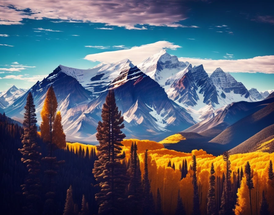 Snow-capped mountains over golden forest and blue sky