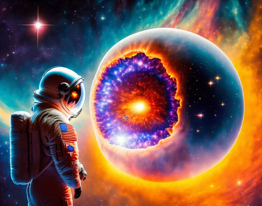 Astronaut in spacesuit views vibrant cosmic scene with colorful nebula & planet