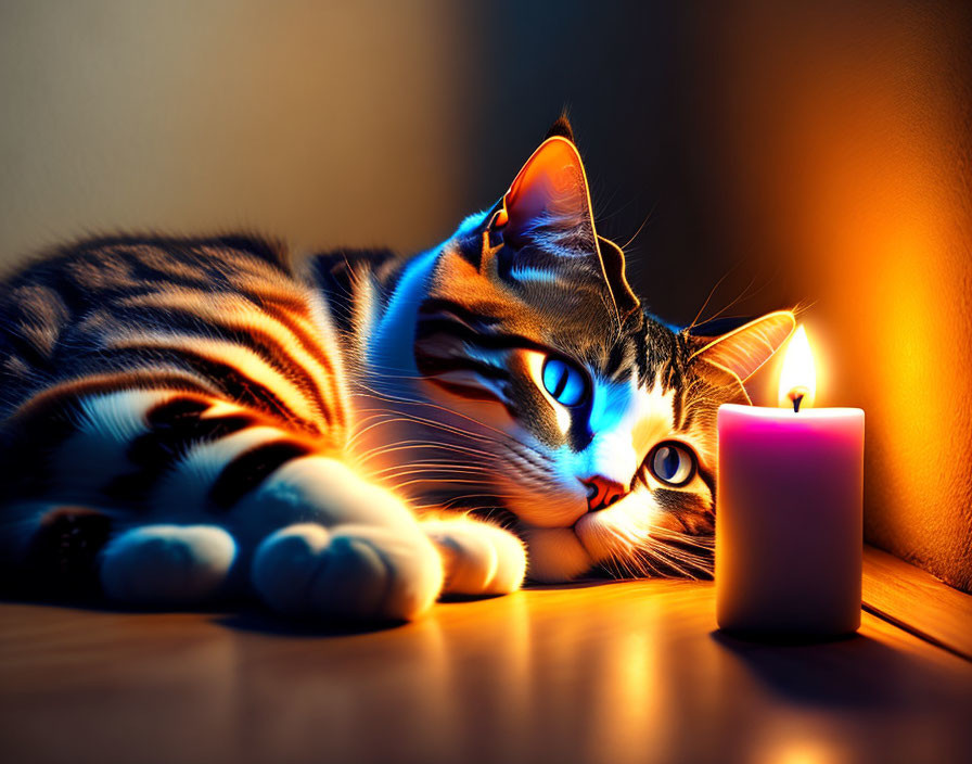 Tabby cat with blue eyes next to lit candle on dark background