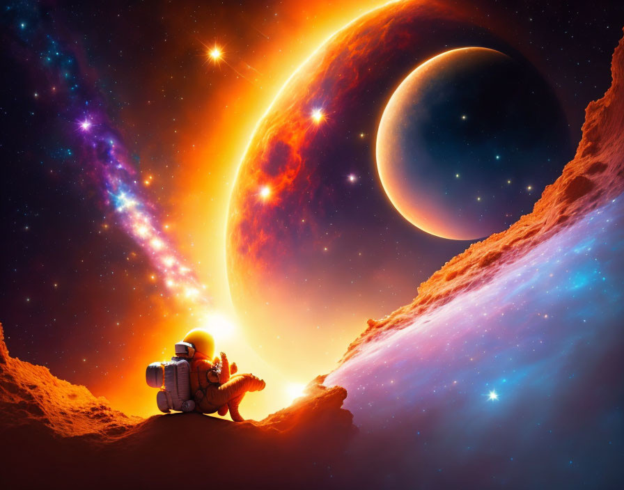 Astronaut on rocky alien world gazes at large planet amidst colorful cosmos