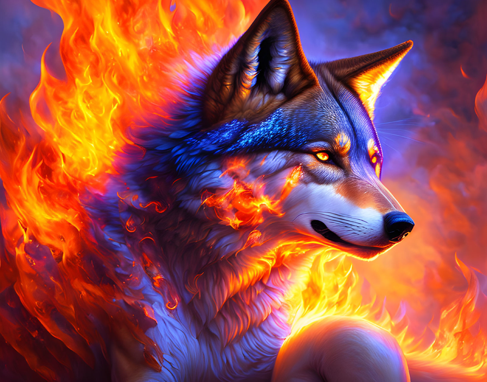 Vivid digital artwork: Flaming wolf in intense blues and oranges