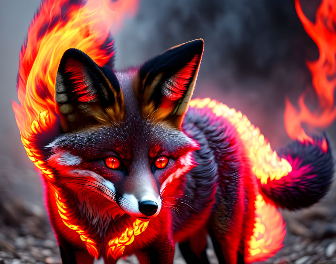 Vibrant red fox engulfed in stylized flames on smoky background