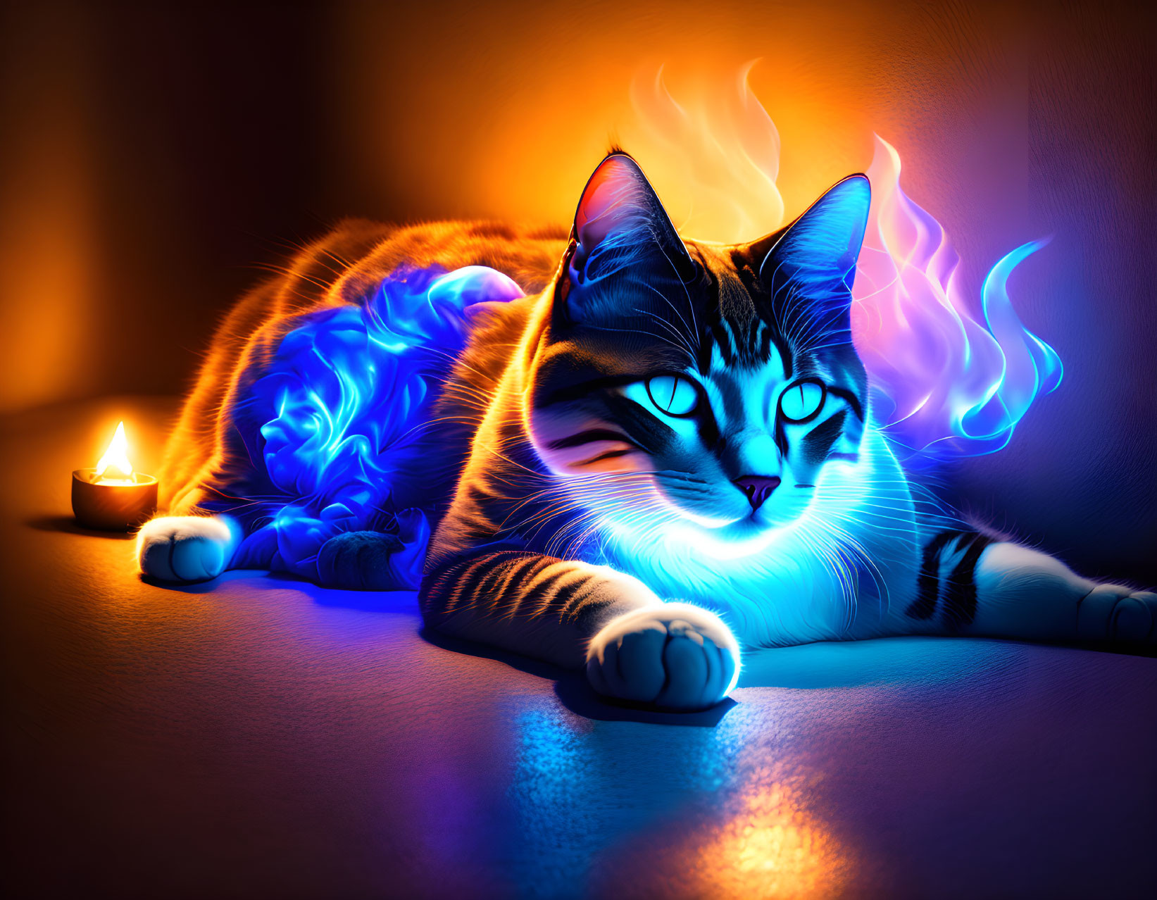 Stylized cat with blue and orange flames next to a candle