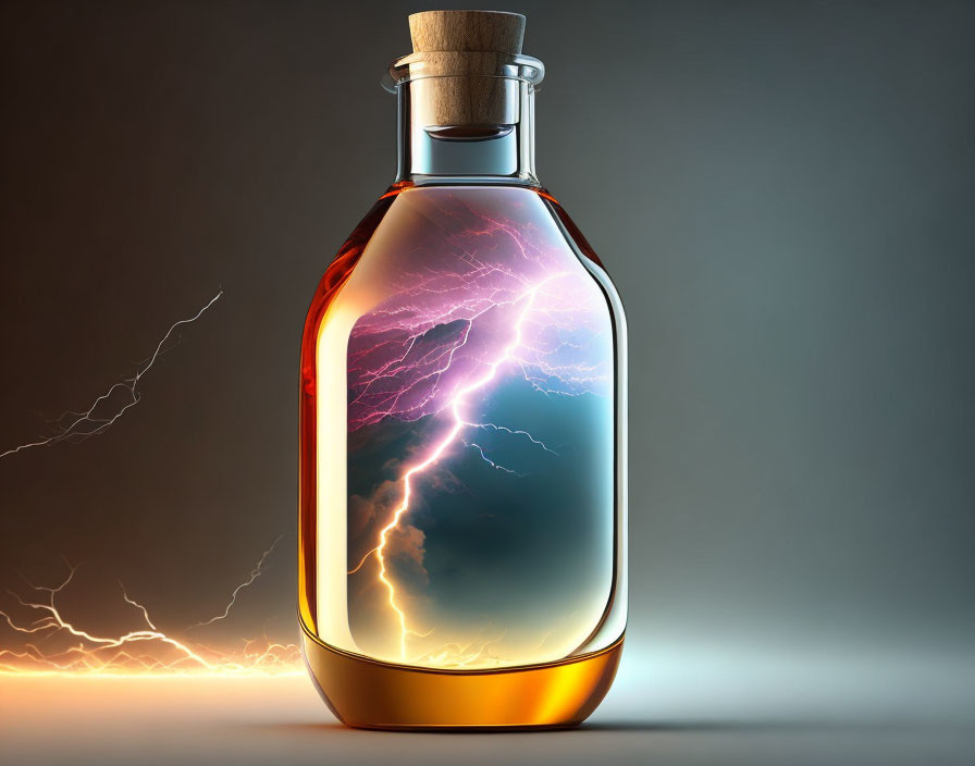 Glass bottle with cork holding swirling purple and yellow lightning storm