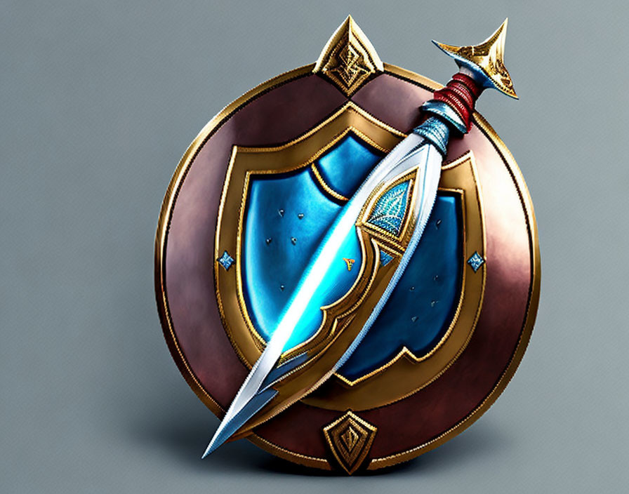 Stylized illustration of gleaming sword piercing blue shield