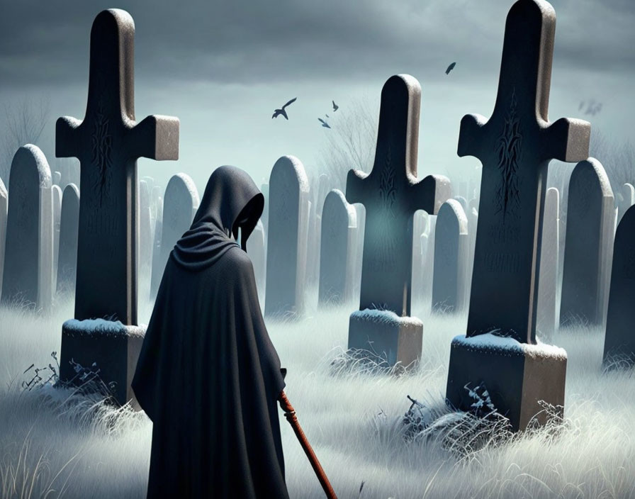 Cloaked Figure Among Tombstones in Foggy Graveyard