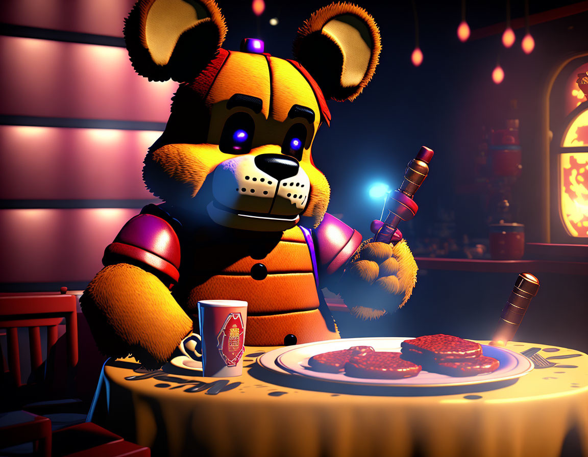 3D-animated bear in armor dining with steak and candles