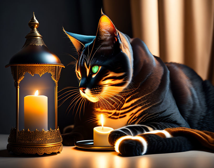 Green-eyed cat beside candle in lantern glowing in dimly lit room