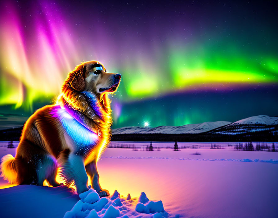 Illuminated fur dog gazes at aurora borealis in snowy landscape