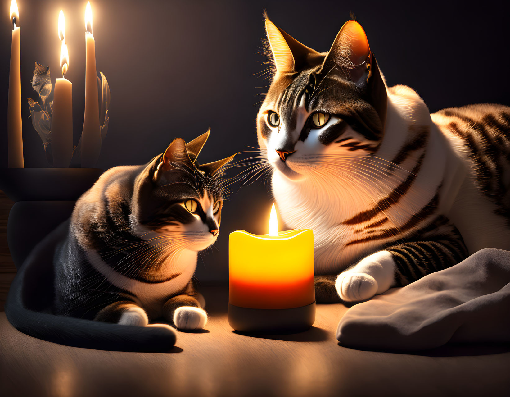 Two striped fur cats by lit candles in warm glow