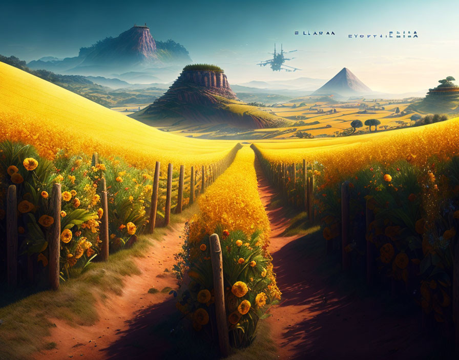 Colorful landscape with sunflower-lined path, fantastical mountains, floating islands, and futuristic structures under