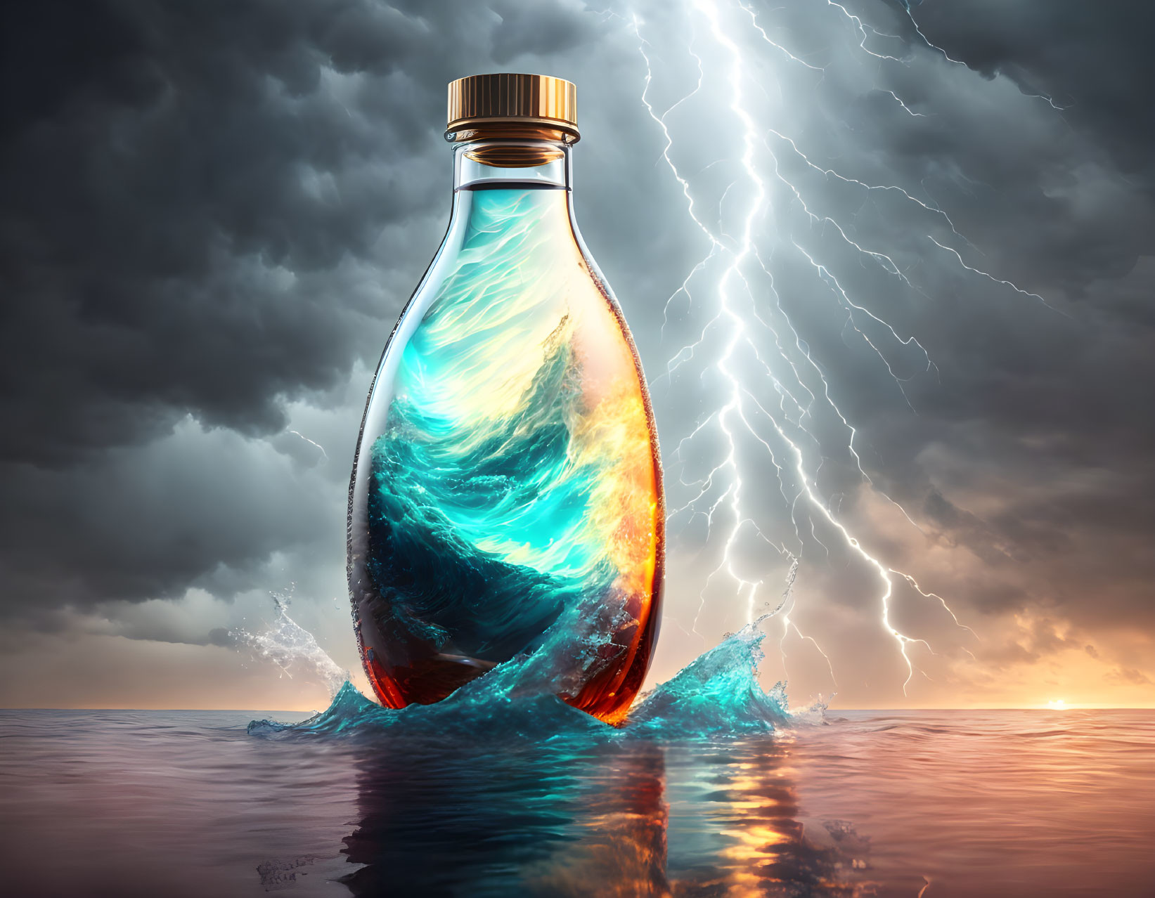 Swirling storm in sealed bottle on ocean water with lightning in dramatic sky