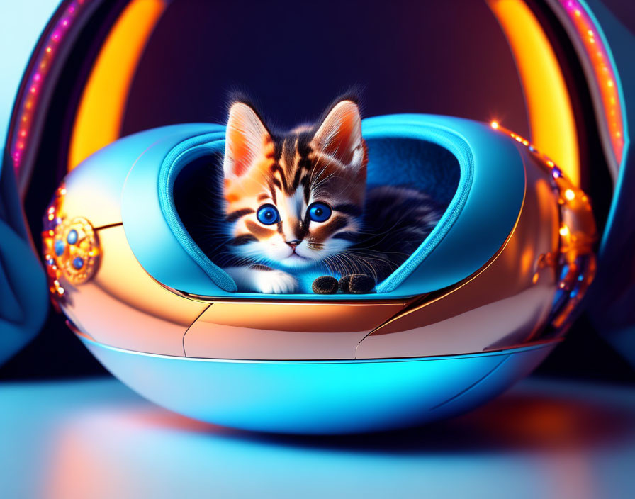 Futuristic neon-lit pod with curious kitten.