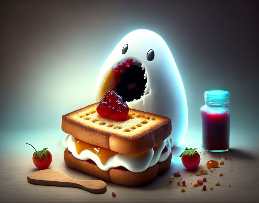 Cartoonish ghost figure with toast, egg, jam, and tomatoes on surface