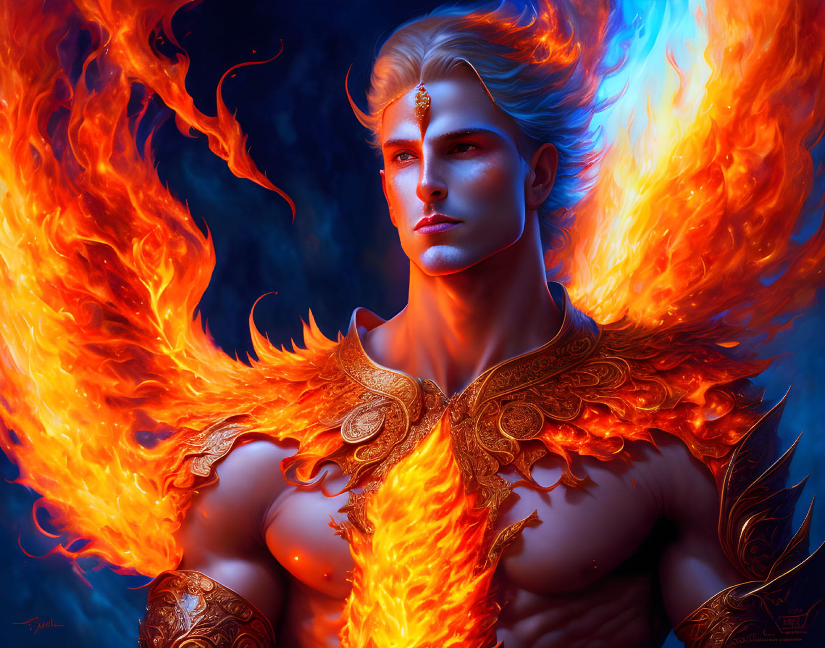 Golden-armored figure with fiery wings in powerful stance