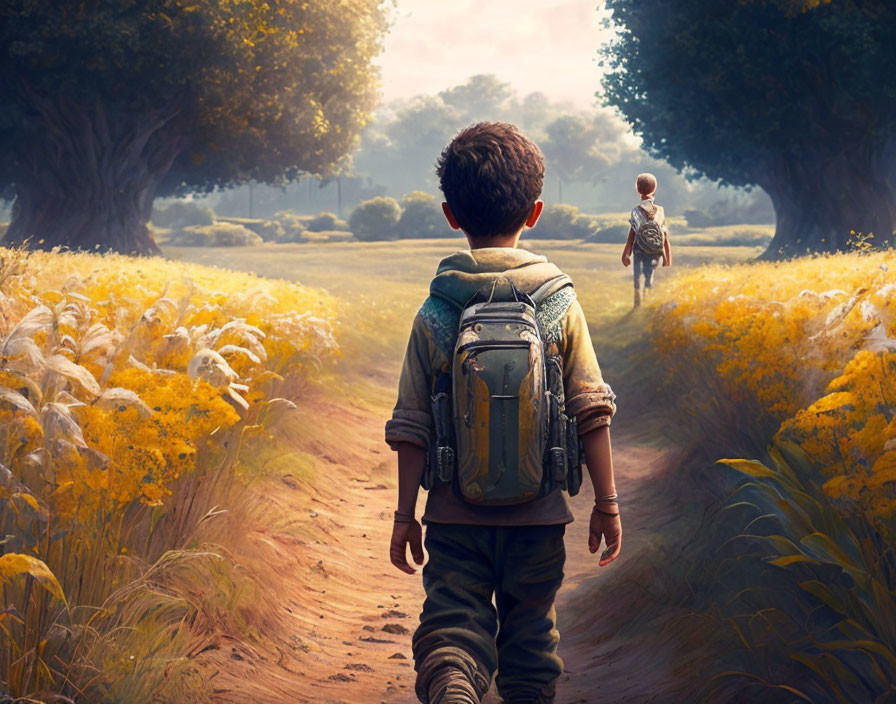 Two children walking in sunny field with yellow flowers and trees