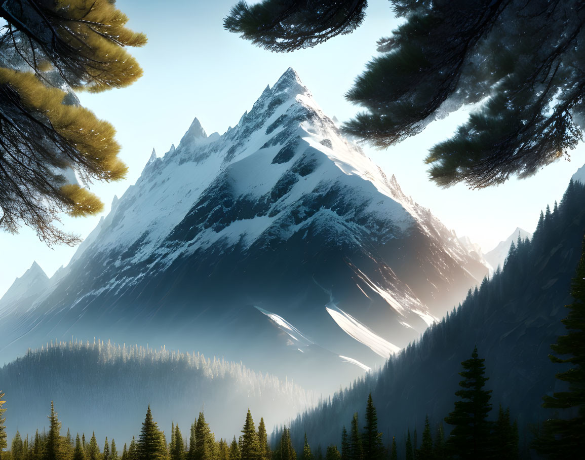 Snow-Capped Mountain Peak with Sunbeams and Pine Forests