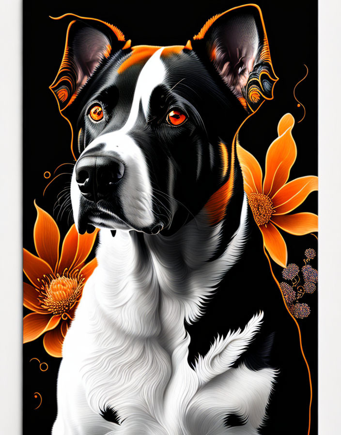 Stylized black and white dog portrait with orange eyes and flowers on black background