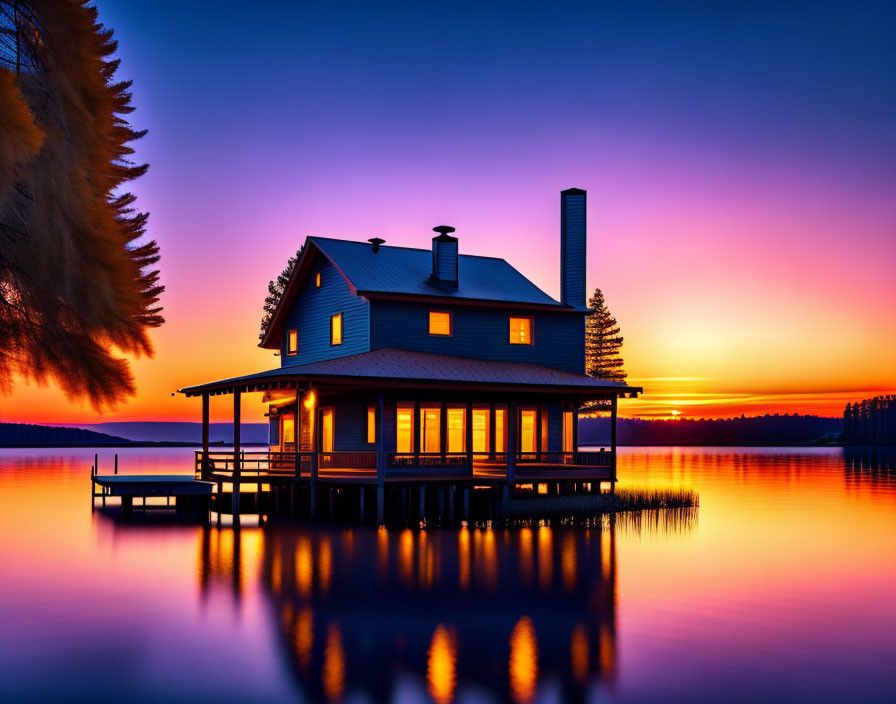 Tranquil lakeside house at sunset with purple and orange skies reflecting on calm waters