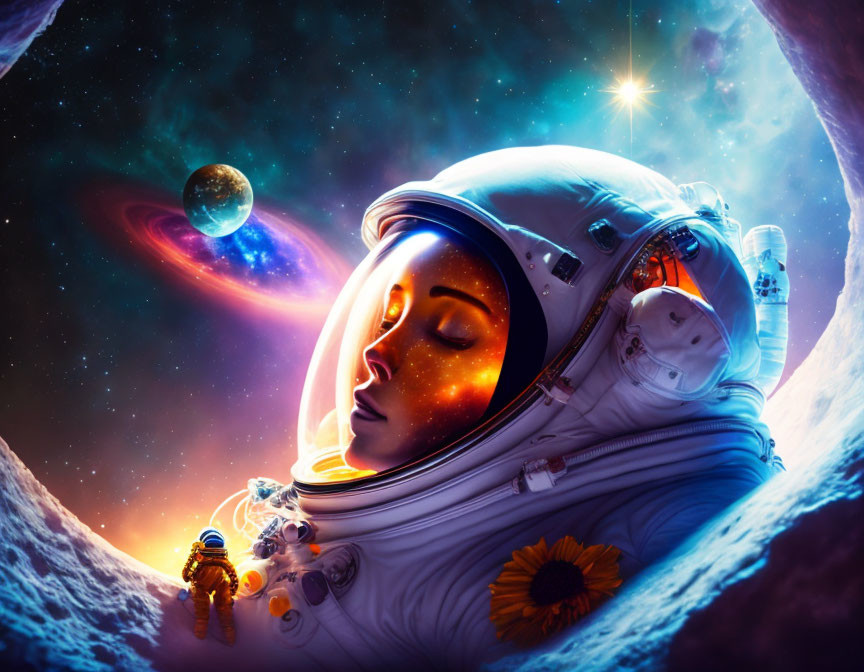 Astronaut with reflective visor showing cosmic scene