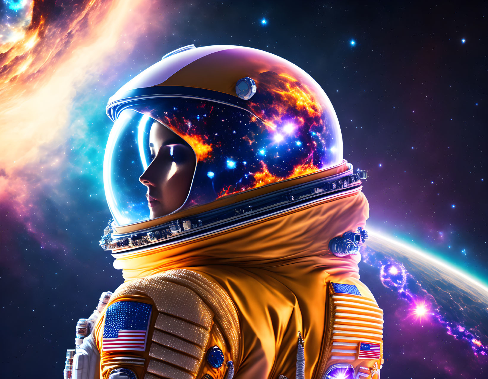 Golden spacesuit astronaut in cosmic scene with stars and planet