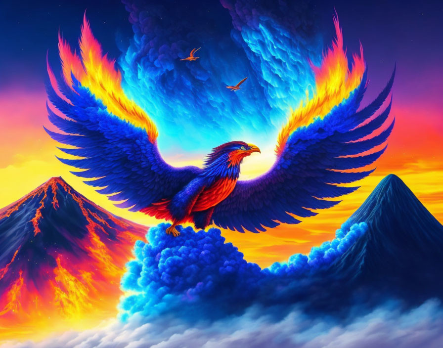 Mythical phoenix soaring above erupting volcanoes