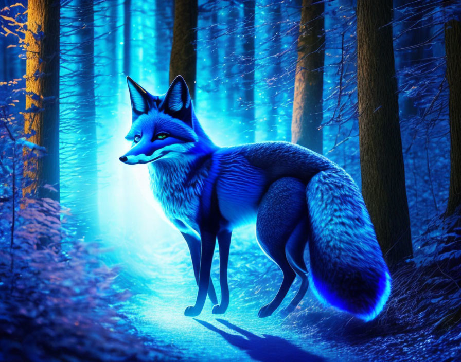 Vivid Blue and Orange Fox in Mystical Nighttime Forest