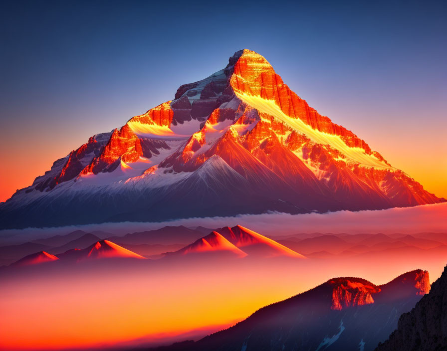 Snow-capped mountain peak at sunrise with orange glow and dramatic contrasts