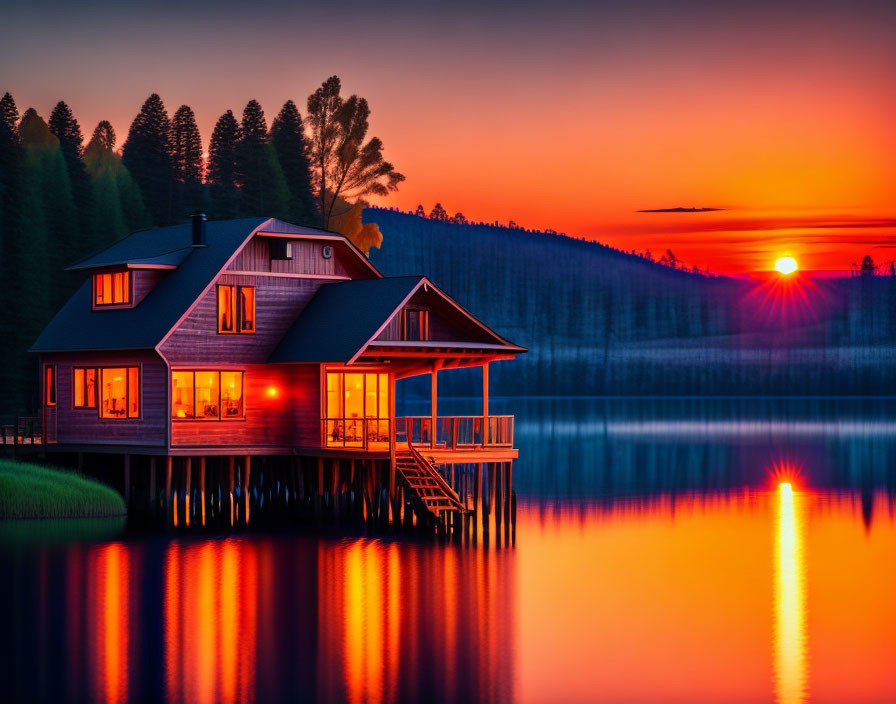 Lakeside house at sunset with orange skies, calm waters, and forest backdrop