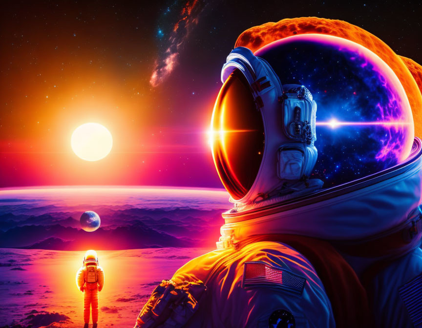 Astronaut with glowing helmet on surreal planetary landscape