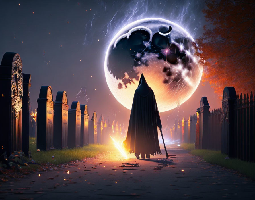 Cloaked figure on mystical path under vivid moon and twilight sky.