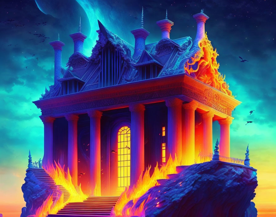 Fantastical illuminated palace on rocky cliff at twilight