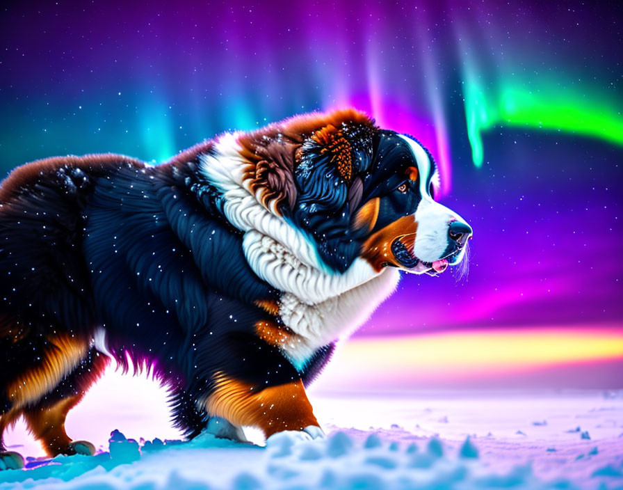 Bernese Mountain Dog in Snowy Aurora Sky