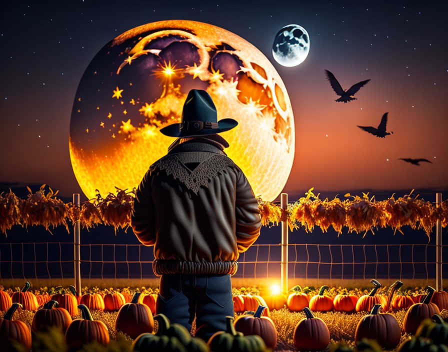 Cowboy hat person under surreal moon in pumpkin patch at night