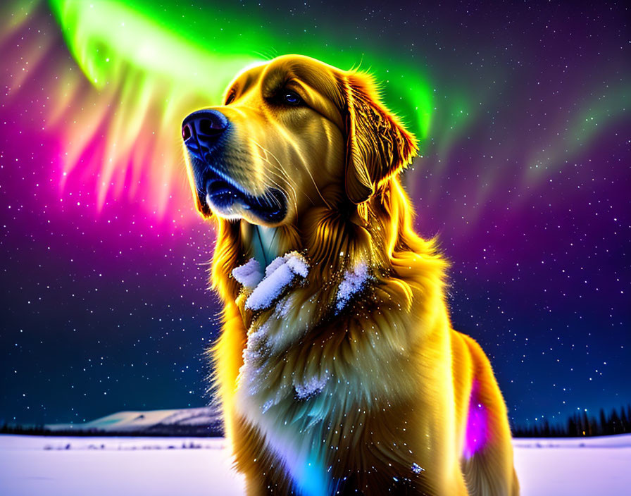 Golden retriever with snow on muzzle under aurora borealis in snowy landscape