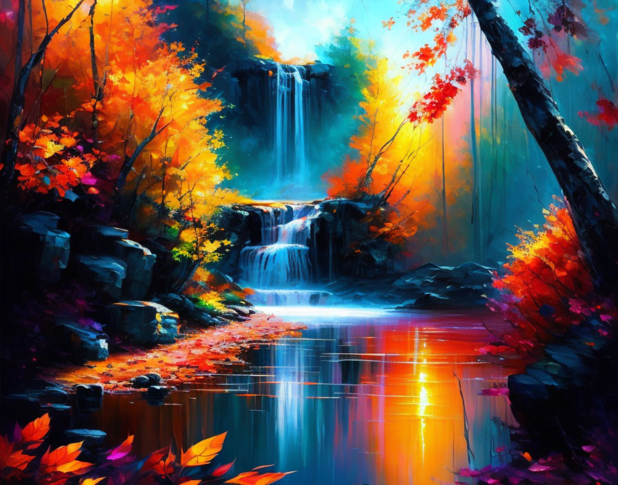 Colorful waterfall painting with autumn leaves and rocks in tranquil pool