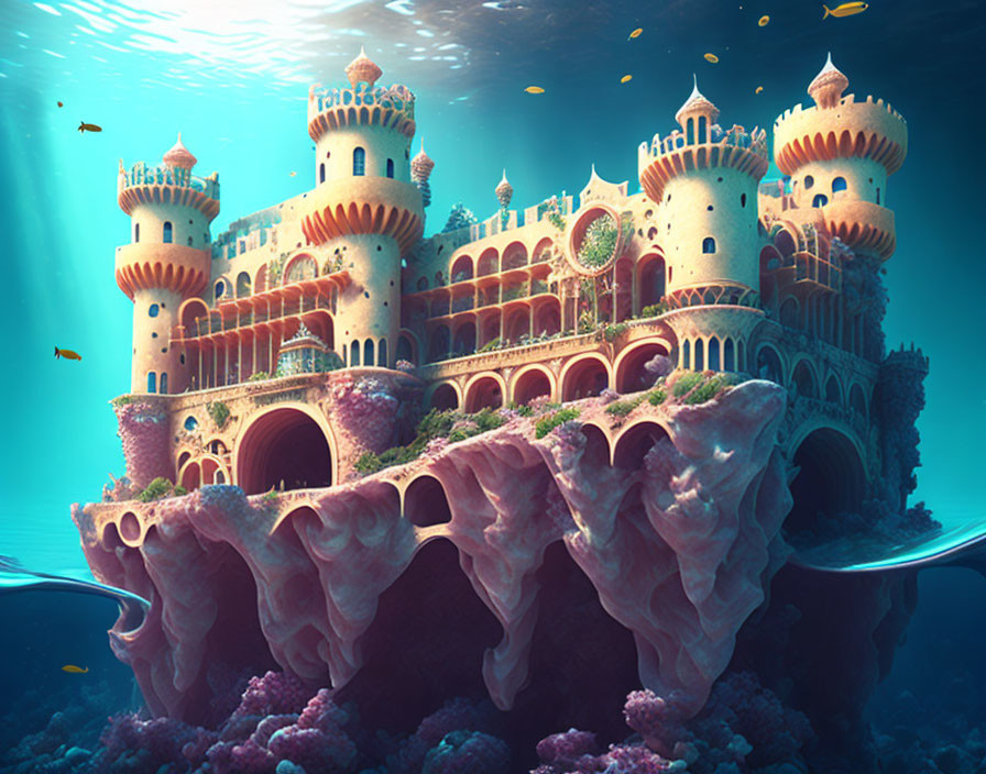 Majestic underwater castle with coral-like turrets and arches in a serene ocean