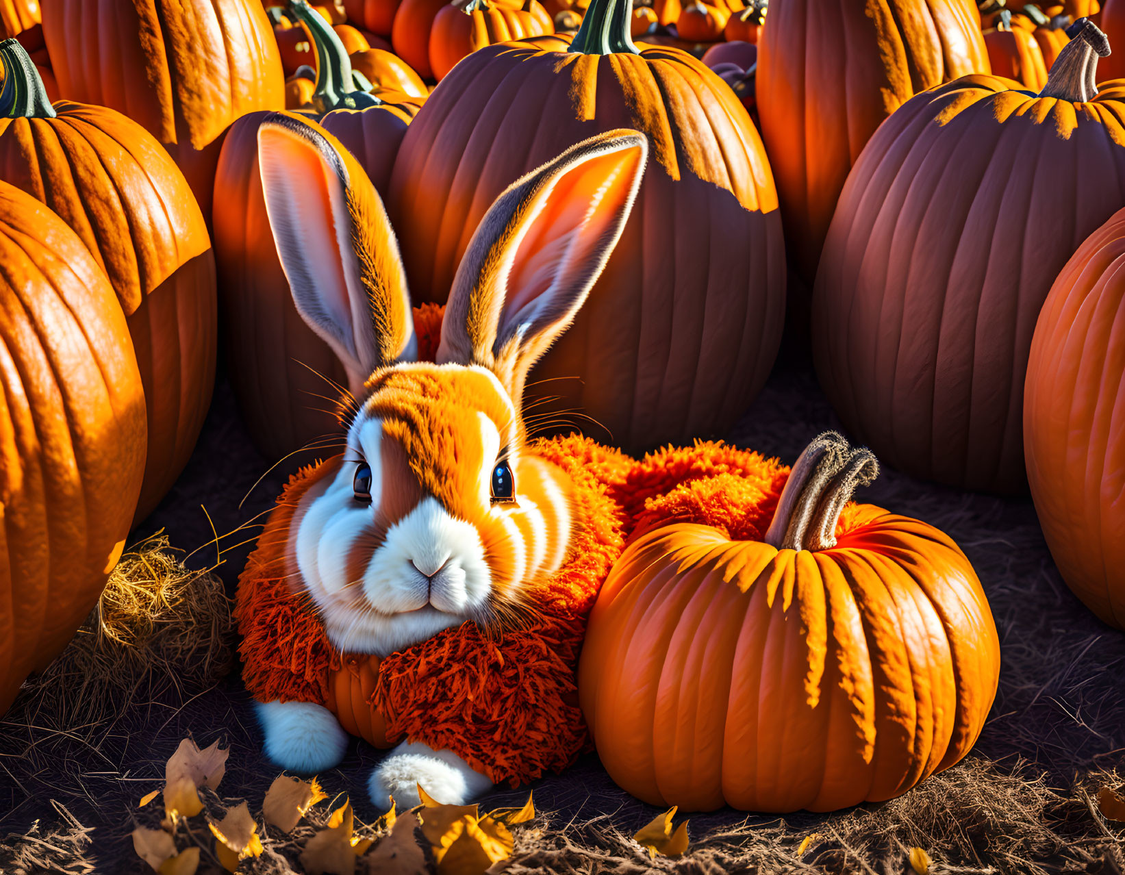 Illustration of orange rabbit in pumpkin costume with pumpkins in autumn.