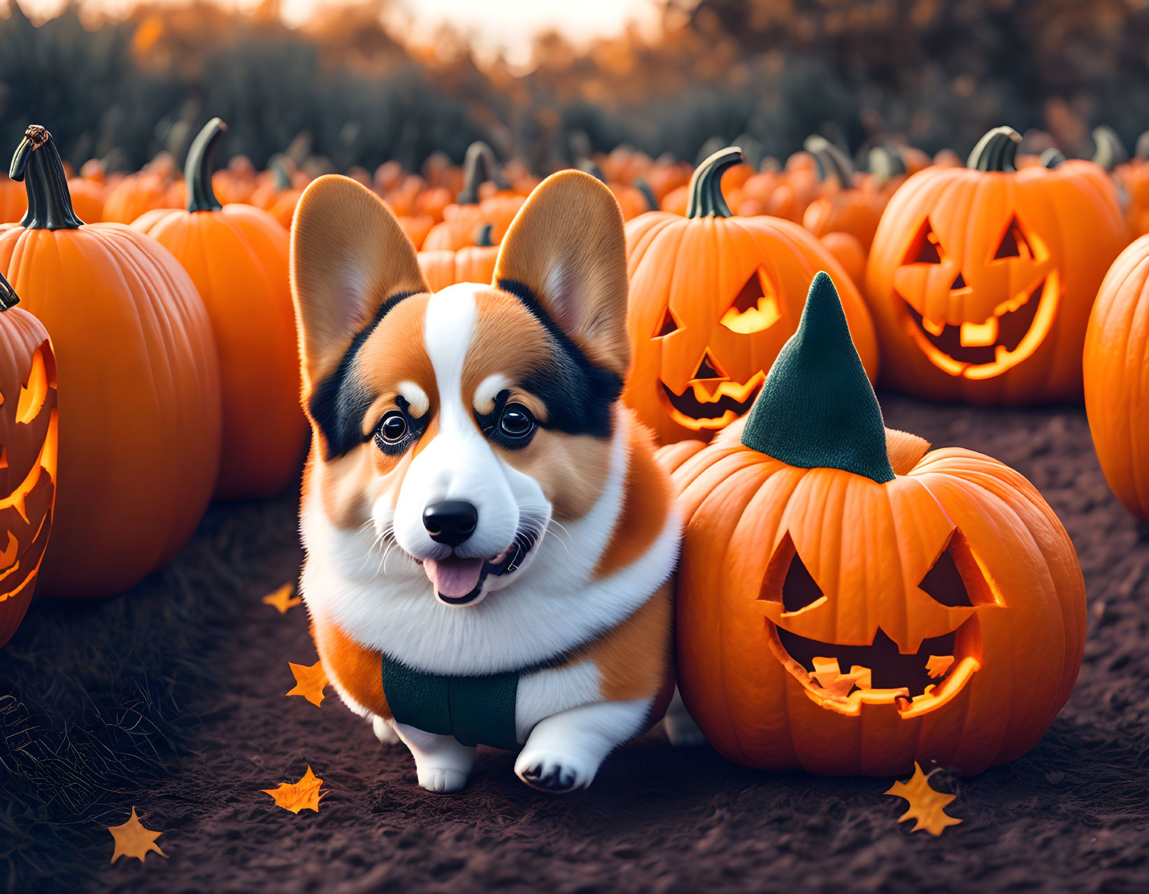 Cheerful corgi dog with green collar in autumn pumpkin patch