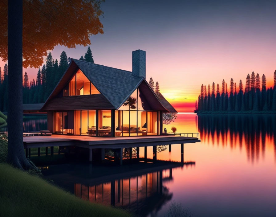 Contemporary lakeside house with large windows in sunset reflection scene