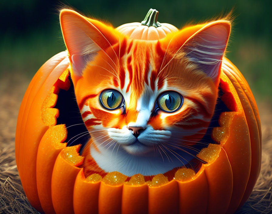 Orange Tabby Cat with Blue Eyes in Carved Pumpkin on Glittery Field