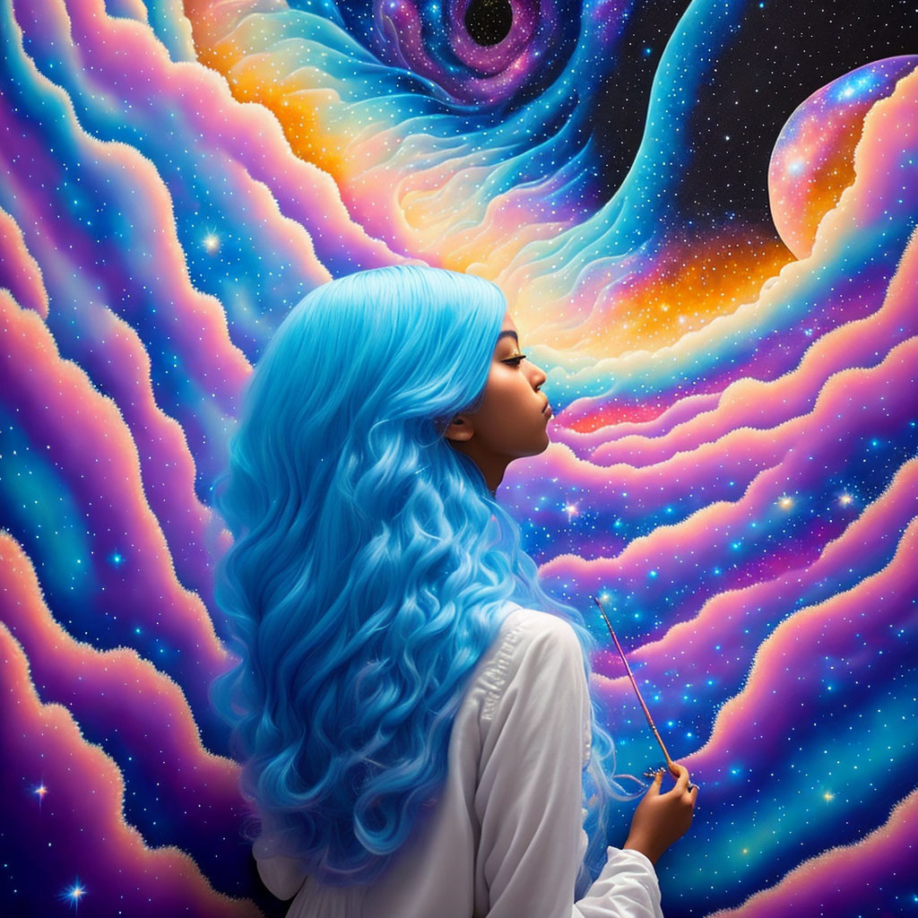 Blue-haired woman profile against vibrant cosmic backdrop with nebulas.